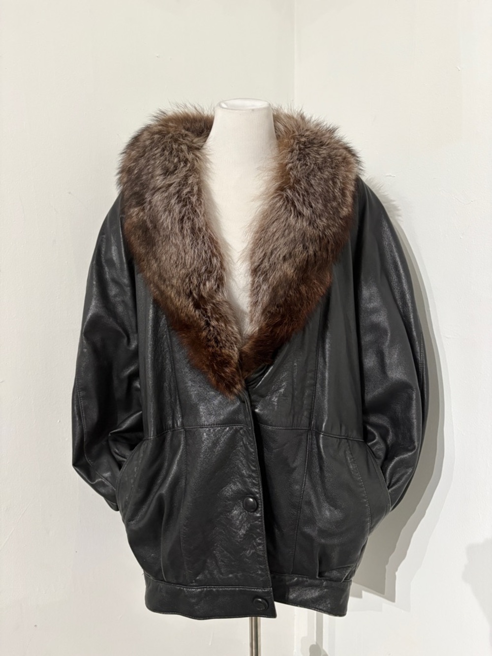 Marvin Richards Black Leather Jacket with Brown Fur Collar